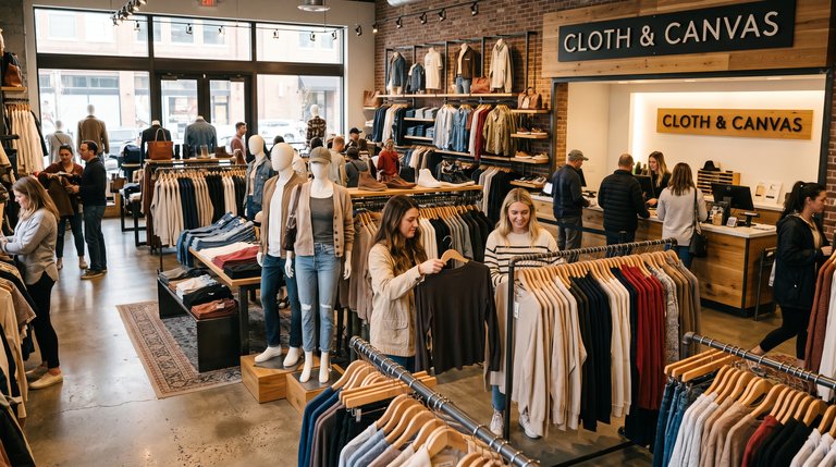 Apparel and fashion retail store with clothing displays and fixtures